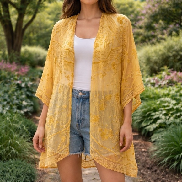 Sweaters - Francesca's Floral Kimono Cover Up Velour Detail Boho Ethereal Whimsy Fairy OS